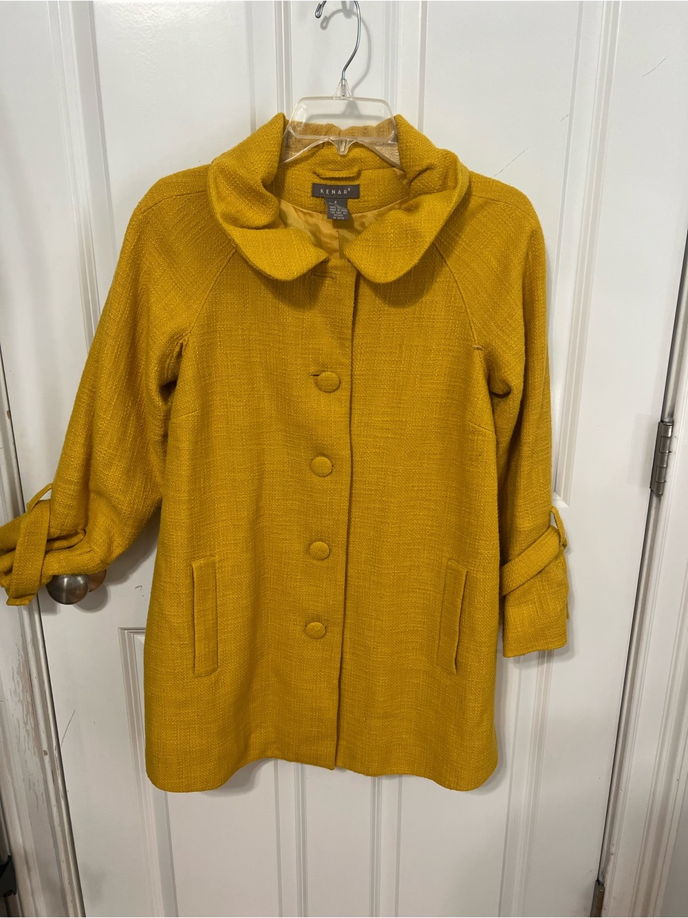 Kenar Women's Mustard Yellow Button-Front Pea Coat with Peter Pan Collar